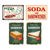 Carteles Metalicos Pack 4 Diseños Pizza-sandwich 20x30 Cms