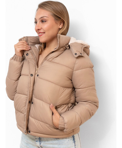 Campera Puffer Inflable Mujer Corderito Capucha Desmontable.