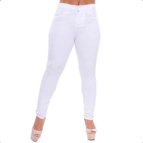 Calça Branca Jeans Feminina Skinny Elastano Cintura Alta