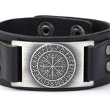 Pulseira Bracelete Viking Masculino Couro Runas Vegvisir Comprimento 21 Cm Cor Preto Diâmetro 6 Cm