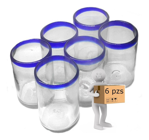 6 Vaso Agua 8x13 Vidrio Soplado Artesanal Con Borde Azul