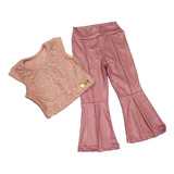 Conjunto Infantil Menina Cropped Com Calça Flare Cabide Rosa