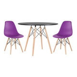 Kit Mesa Jantar Eames Wood 100 Cm 2 Cadeiras Eiffel Cores Cor Da Tampa Mesa Preto Com Cadeiras Roxo