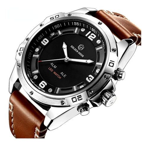 Reloj Goldenhour De Cuero Resistente Al Agua Para Hombre Color Del Bisel Plateado