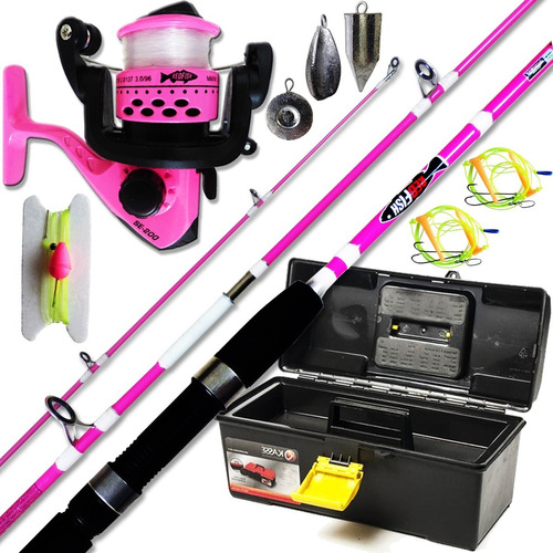 Combo Pesca Completo Rosa Niñas Caña + Reel + Tanza + Caja++