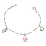 Pulseira Infantil Coroa Rosa E Coração - Prata 925