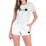 Conjunto Feminino Camiseta Algodão E Short Tactel Estampada