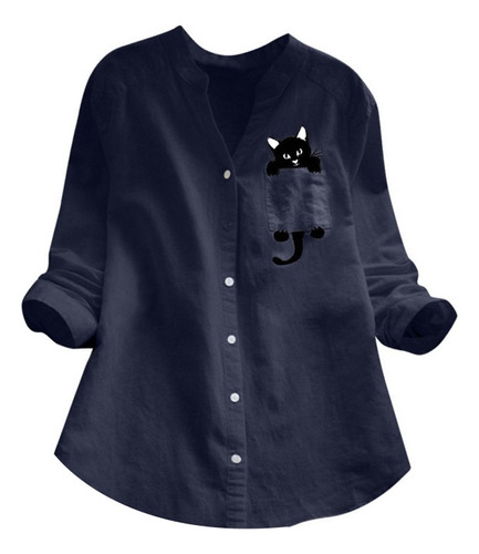 Camisa De Mujer De Lino Con Estampado De Gatos