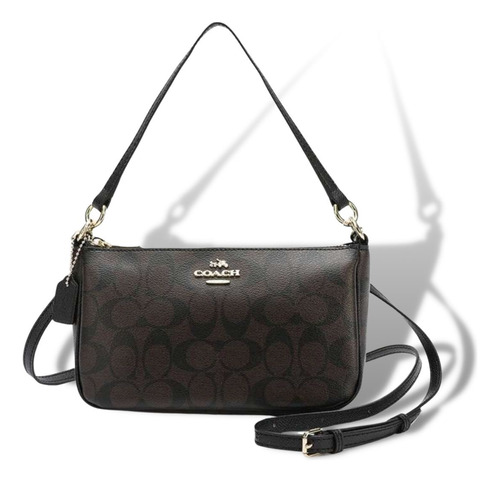 Bolsa Bandolera Coach Clutch Diseño Lisa De Canvas  Marrón Oscuro Con Correa De Hombro Marrón Oscuro Asas Color Blanco Y Herrajes Oro