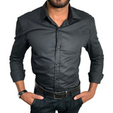 Camisa Jeans Social Masculina Slim Manga Longa Lisa Elastano