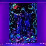 Tapestry Negro Cráneo Luz Uv Líquido Mon Gothic Witchy Hippi