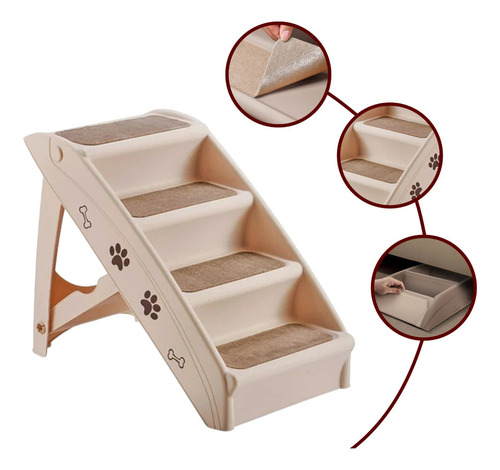 Escalera Plegable Para Mascotas Perros Y Gatos De 4 Niveles Color Beige