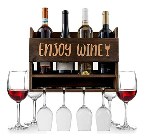 Portavinos De Pared  - 4 Copas Incluidas - Vino Y Botellas -