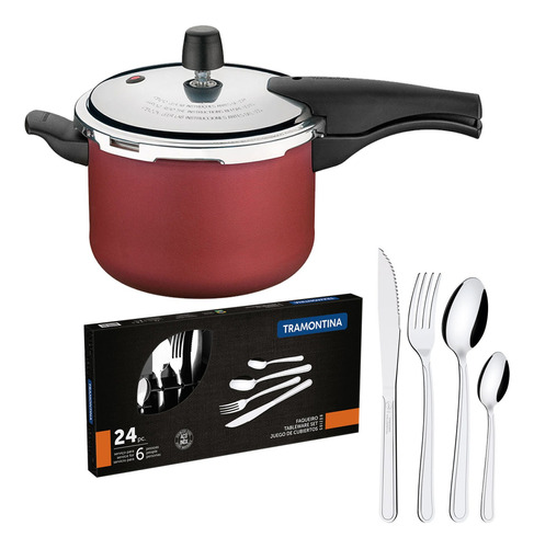 Kit Panela De Pressão 4,5l + 1 Faqueiro Inox 24pç Tramontina