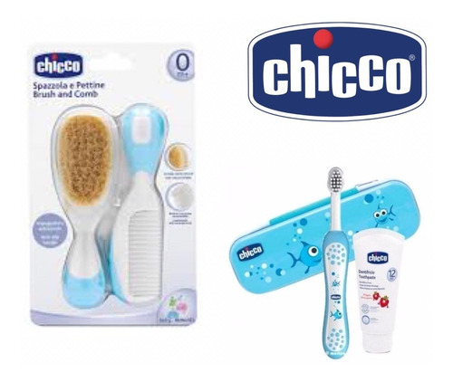 Set De Higiene Chicco Pasta Dental Cepillo Y Peine Celeste