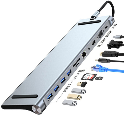 Hub Tipo C 11 En 1 4k Hdmi Vga Usb3.0 Rj45 Pd Sd