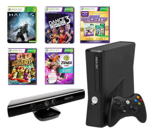 Xbox 360 Super Slim C/ 1 Controles + Kinect + 5 Jogos