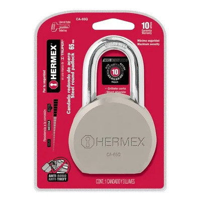 Candado Hermex Redondo 65mm 3 Llaves De Punto Gancho Normal | Meses sin interés