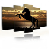 Quadro Mosaico 5 Pçs 105x60cm Decoração Sala Cavalo Country Cor Preto Cor Da Armação Preto