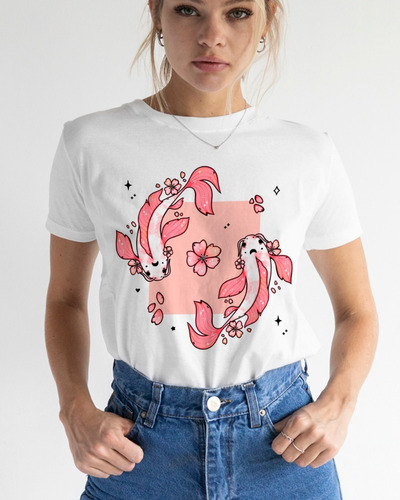  Remera Clásica Recta Blanca Dama, Pez Koi, Sakura (cerezo)