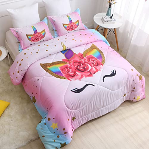 Juego De Ropa De Cama Unicornio Niñas, Set De Colcha Q...