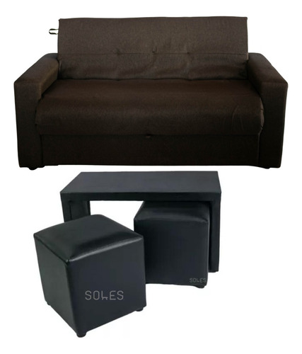 Sofa Cama 3 Cuerpos + Mesa Puente Con Dos Puff 