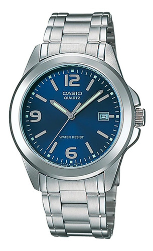 Reloj Pulsera Casio Enticer Mtp-1215 De Cuerpo Color Plateado, Analógico, Para Hombre, Fondo Azul, Con Correa De Acero Inoxidable Color Plateado, Agujas Color Gris Y Verde, Dial Gris Y Verde, Minutero