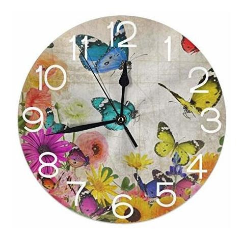 Reloj De Pared Redondo Vintage Floral Mariposa Girasol Marga