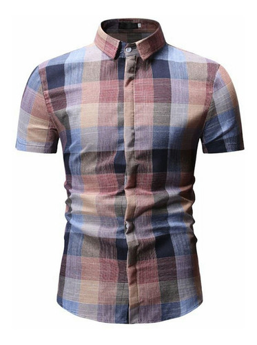 Camisa De Hombre A Cuadros Con Botones Manga Corta Casual