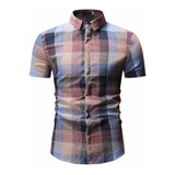 Camisa De Hombre A Cuadros Con Botones Manga Corta Casual