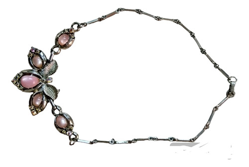 Collar Gargantilla 44cm  Flores Rosadas Y Stras   1960 Hermosa