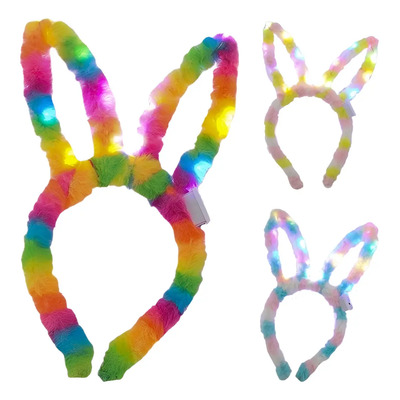 24 Diademas Orejas Conejo Luz Led Peluche Afelpadas Fiesta Arcoíris