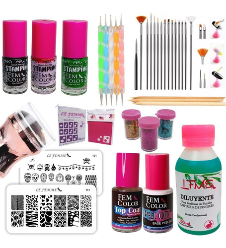 Kit Decoracion Uñas Nails Esmaltes Pinceles Stamping Lfme