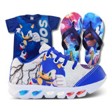 Tenis Menino Infantil De Led Sonic + Chinelo + Camisa 