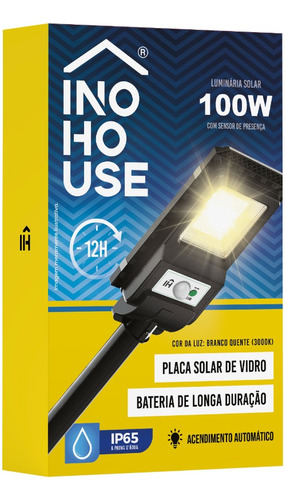  Holofote Solar 100w Branco Quente Kit Completo 12h Preta