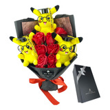 Ramo De Peluche Pikachu Graduación+rosas Con Caja De Regalo