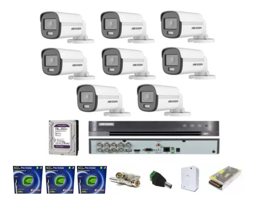 Dvr 08 Canais Hikvision / 08 Cameras Colorvu / Hd / 03 Cabos