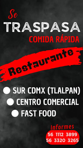 Se Traspasa Restaurante En Plaza Comercial Al Sur Cdmx