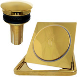 Ralo Dourado Completo 10x10 Valvula Click 7/8 Kit Banheiro