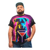 Camiseta Plus Size Brilha Luz Negra Cachorro Dog Festa Neon