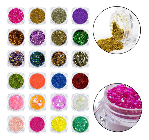 Kit 24 Glitters Flocado Fino Holográfico Nail Art Unhas Gel