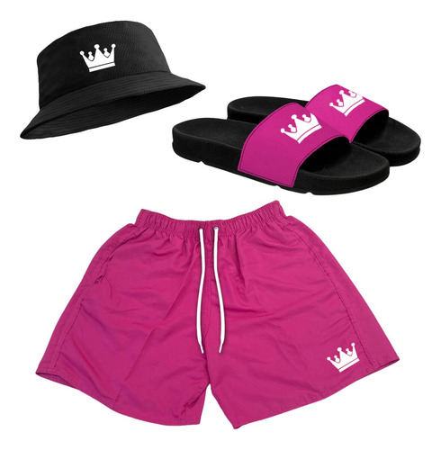 Kit Short Praia + Chapeu Bucket + Chinelo Slide Rosa