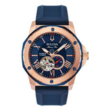 Reloj De Pulsera Bulova Marine Star 98a22 De Cuerpo Color Oro Rosa Y Azul, Analógico, Para Hombre, Fondo Azul, Con Correa De Silicona Color Azul, Agujas Color Oro Rosa Y Blanco, Dial Oro Rosa, Subesfe