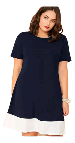 Vestido Plus Size De Crepé, Azul,ruedo Blanco, Línea A, Xxxl