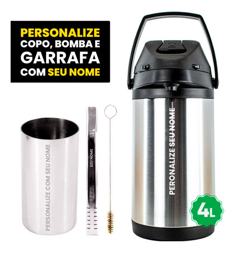 Kit Tereré Copo Bomba Garrafa Termica 4l Inox - Seu Nome