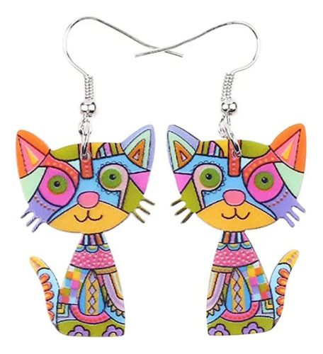 Aretes Pendientes Largos Gato Animal Multicolores Mujer Moda