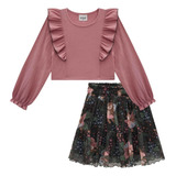 Conjunto Inverno Menina Blusa Rose Cropped E Saia Tule Kukiê