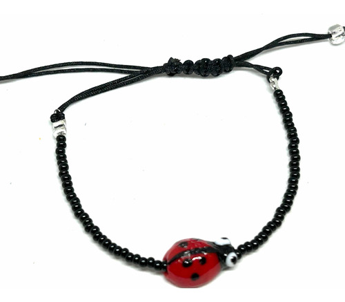 Pulsera Escarabajo Mostacilla Macrame E Hilo Chino Negro