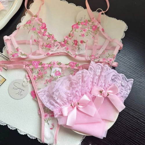 Conjunto Sexy Lencería Transparente De Floral + Calcetines