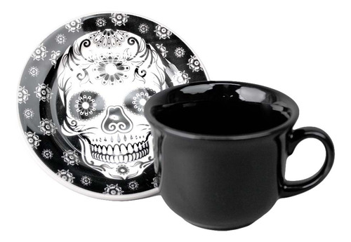 Set De 4 Tazas Y Platos De Cerámica 200 Ml Decorada Calavera